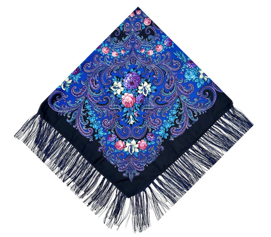 Black #3 - Traditional Russian Orthodox Platok w/Navy Tassels (90x90 cm)