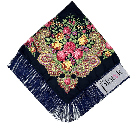 Black #4 w/Navy Tassels - Traditional Russian Orthodox Platok (90x90 cm)