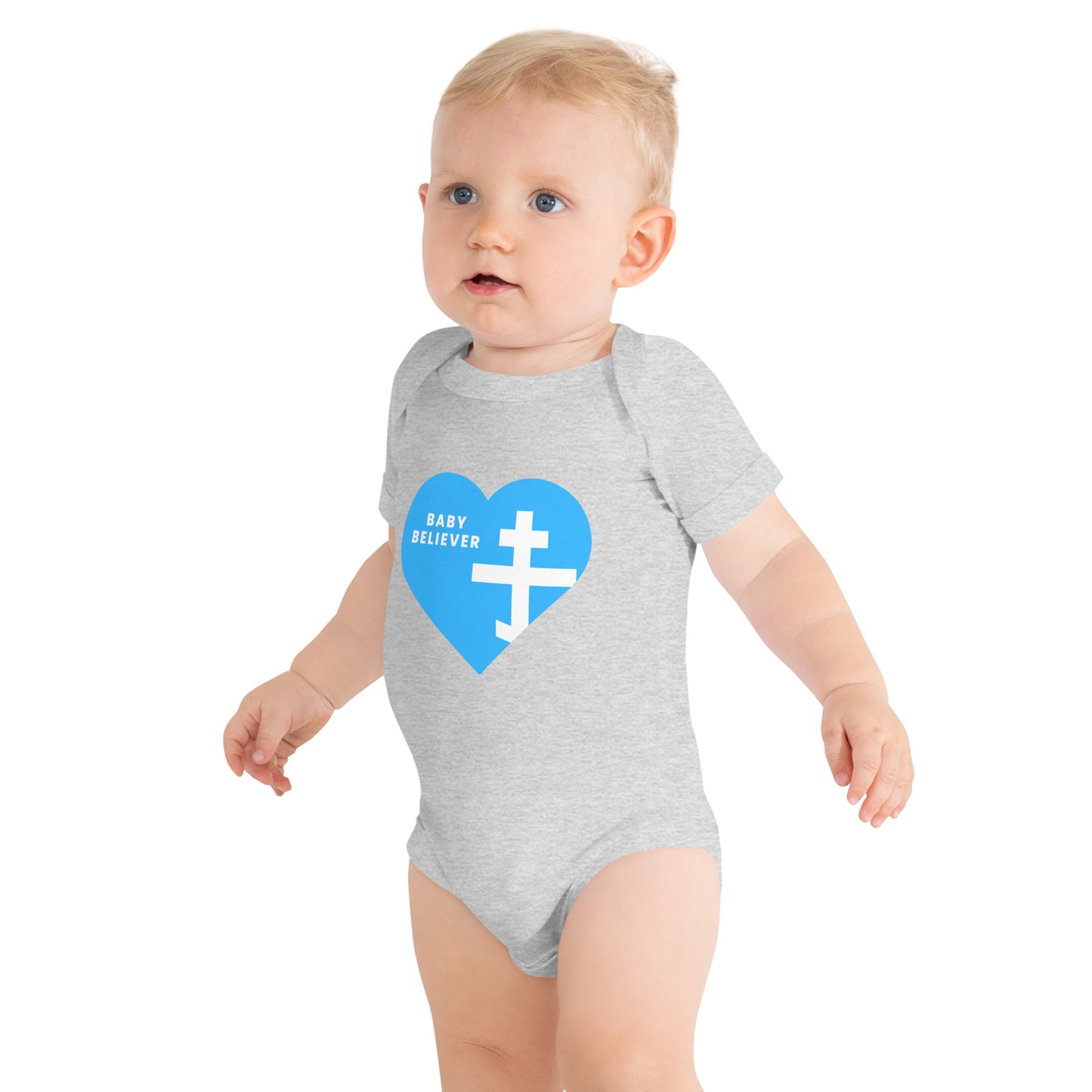 "Baby Believer" Short Sleeve One Piece – Blue Heart & Orthodox Cross Design