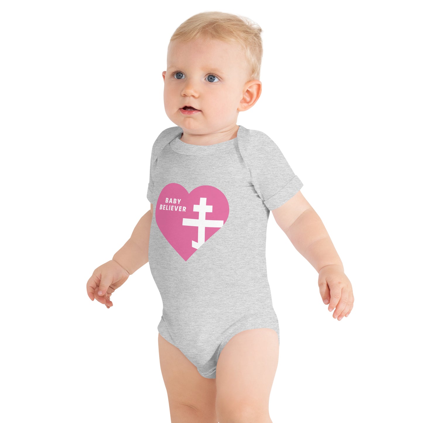 "Baby Believer" Short Sleeve One Piece – Pink Heart & Orthodox Cross Design