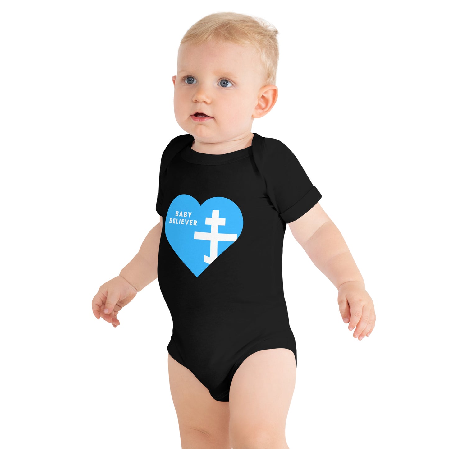 "Baby Believer" Short Sleeve One Piece – Blue Heart & Orthodox Cross Design