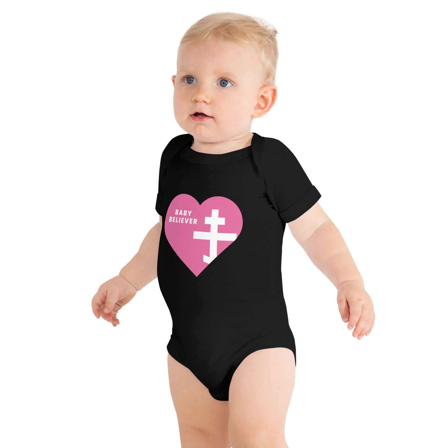 "Baby Believer" Short Sleeve One Piece – Pink Heart & Orthodox Cross Design