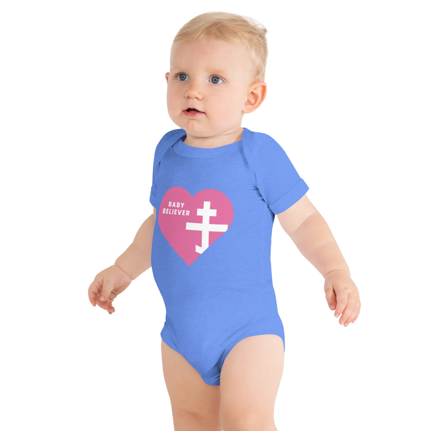 "Baby Believer" Short Sleeve One Piece – Pink Heart & Orthodox Cross Design