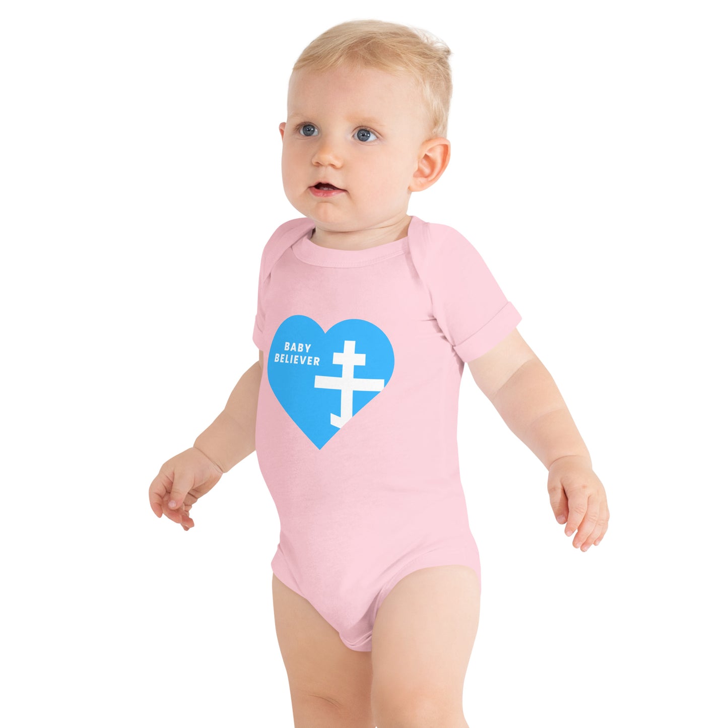 "Baby Believer" Short Sleeve One Piece – Blue Heart & Orthodox Cross Design