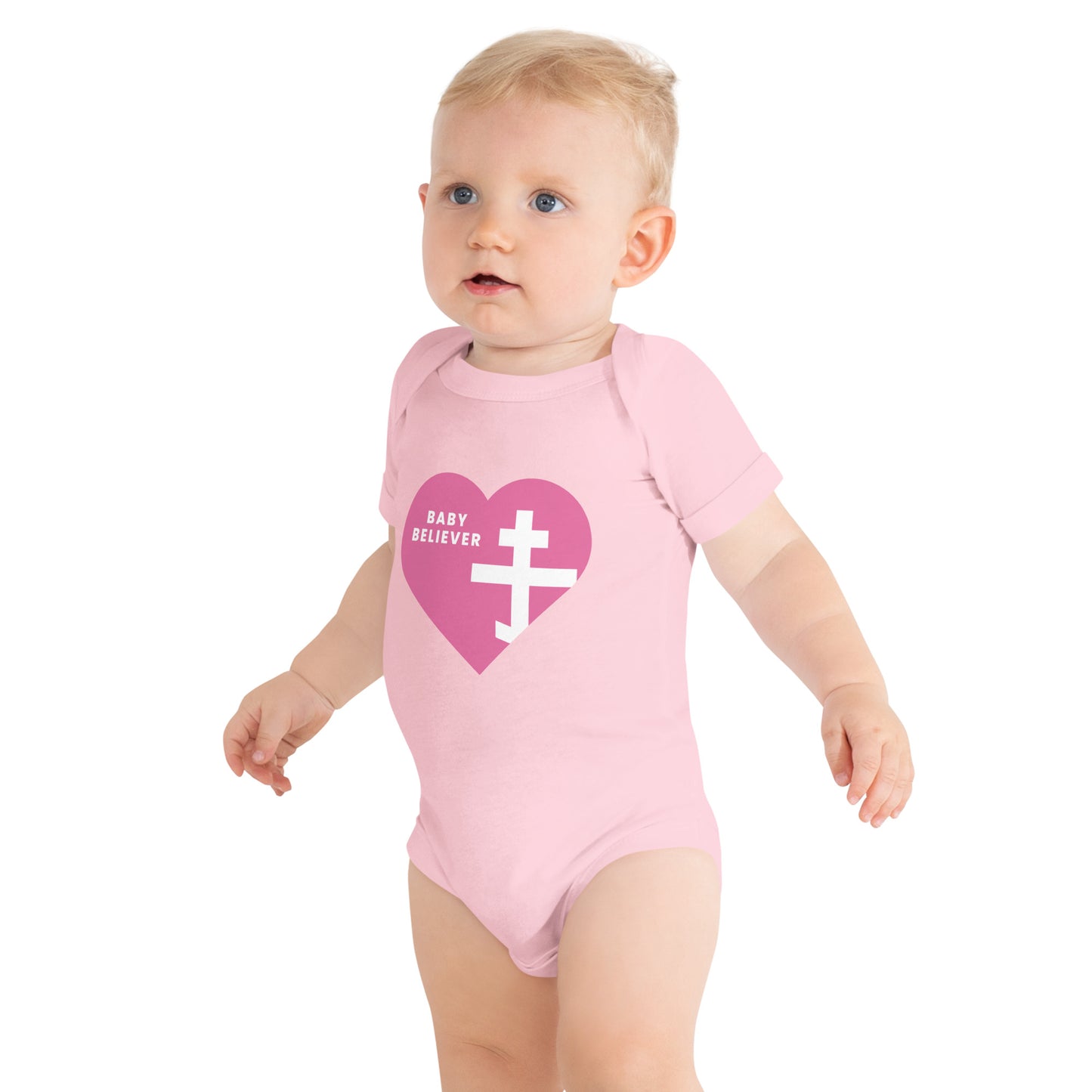 "Baby Believer" Short Sleeve One Piece – Pink Heart & Orthodox Cross Design