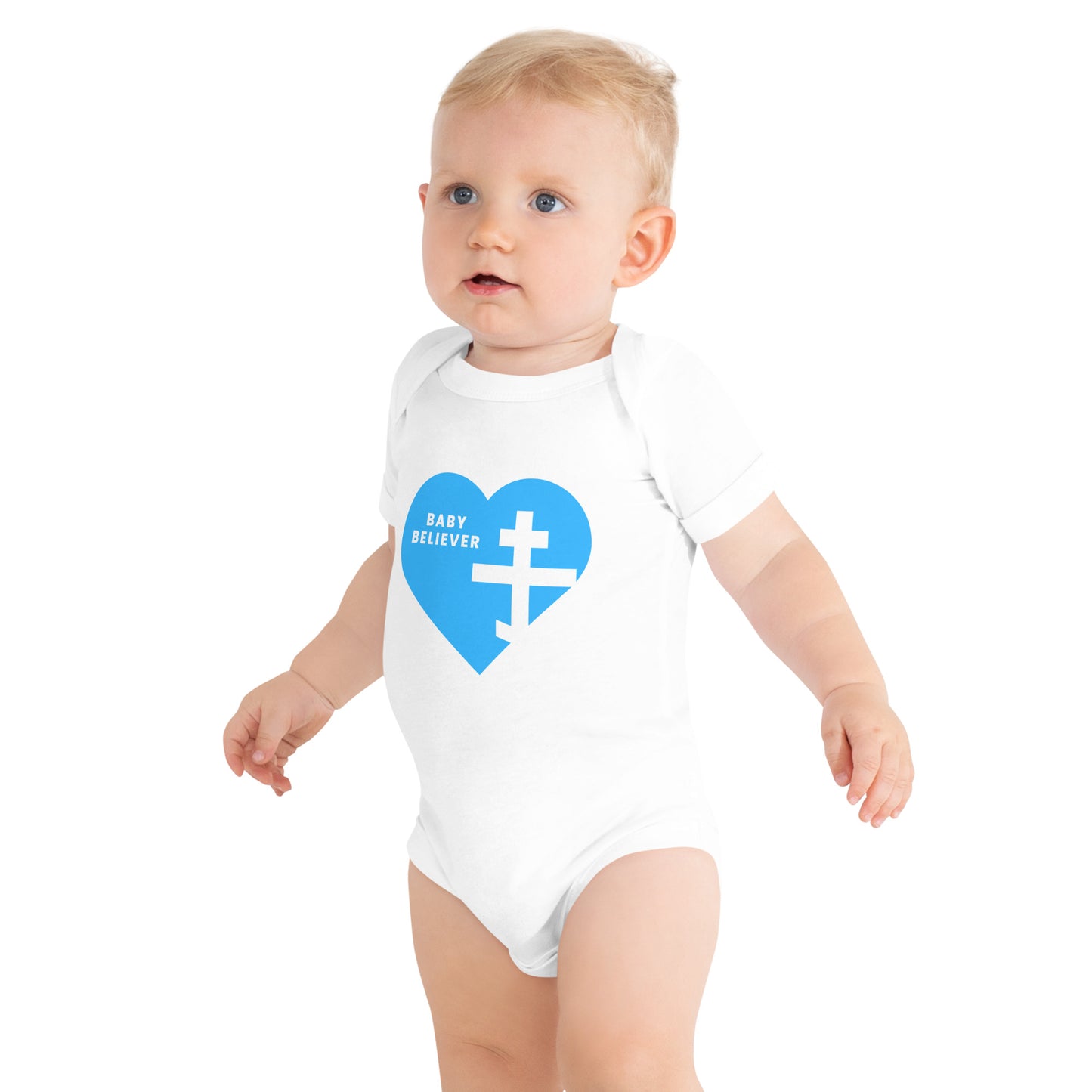 "Baby Believer" Short Sleeve One Piece – Blue Heart & Orthodox Cross Design