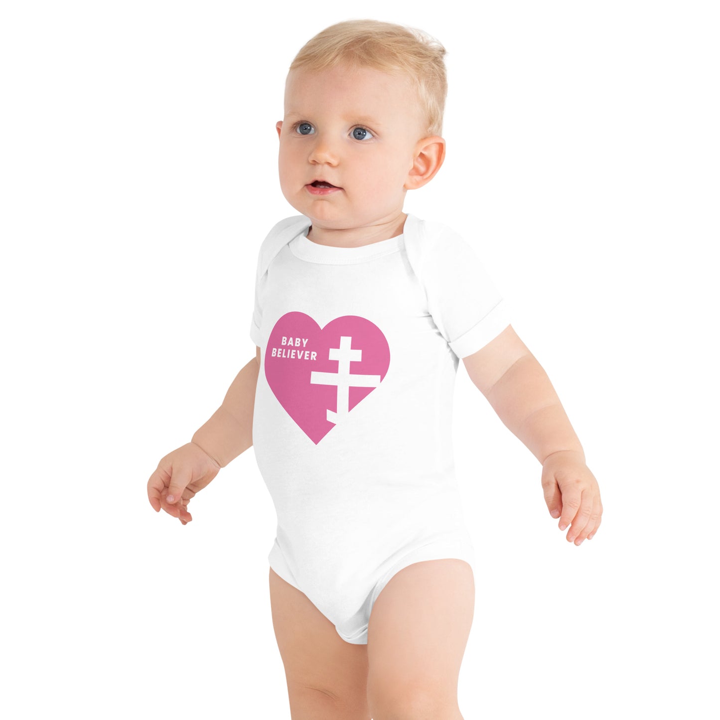 "Baby Believer" Short Sleeve One Piece – Pink Heart & Orthodox Cross Design